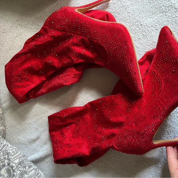 Red Rhinestone Heeled Boots - Picture 3 of 4